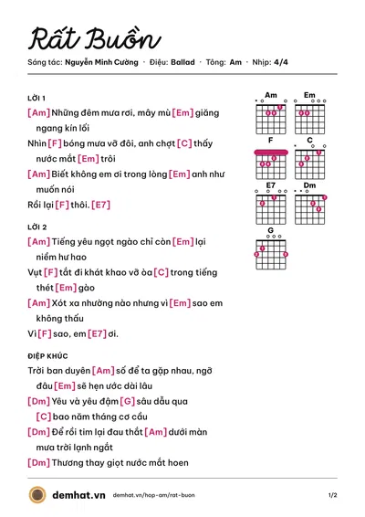 Hợp âm Rất Buồn (Hoài Lâm) – bản nhạc PDF trang 1, tông Am