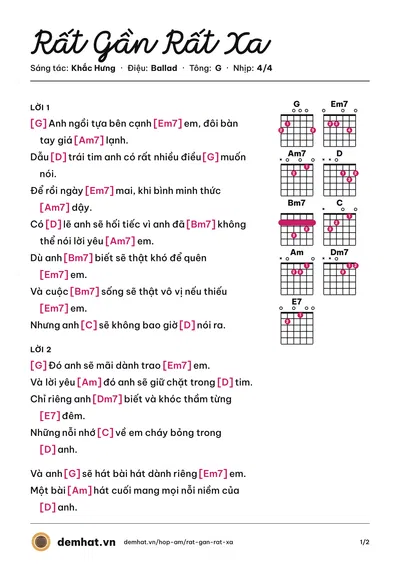 Hợp âm Rất Gần Rất Xa (Khắc Việt) – bản nhạc PDF trang 1, tông G