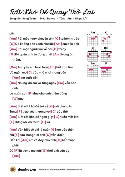 Hợp âm Rất Khó Để Quay Trở Lại (Lê Cát Trọng Hiếu) – bản nhạc PDF trang 1, tông Am
