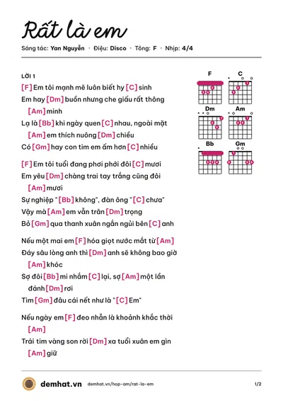 Hợp âm Rất là em (Yan Nguyễn) – bản nhạc PDF trang 1, tông F