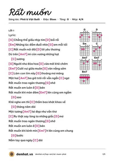 Hợp âm Rất muốn (Việt Quất) – bản nhạc PDF trang 1, tông G