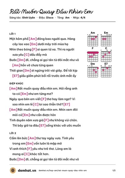 Hợp âm Rất Muốn Quay Đầu Nhìn Em (Đinh Uyên) – bản nhạc PDF trang 1, tông Am