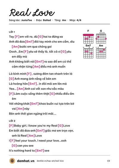 Hợp âm Real Love (JustaTee) – bản nhạc PDF trang 1, tông Am