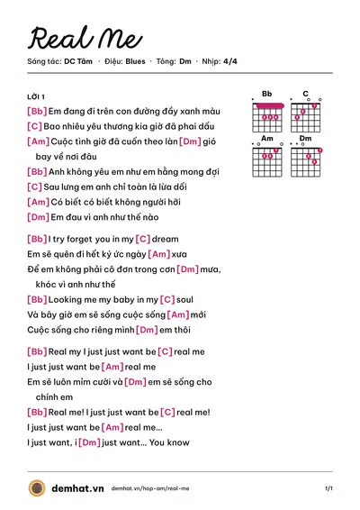 Hợp âm Real Me (Mắt Ngọc) – bản nhạc PDF trang 1, tông Dm