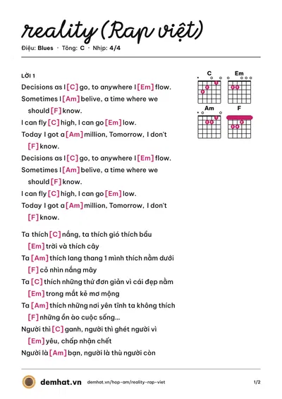 Hợp âm reality (Rap việt) (Phạm Nguyên Ngọc) – bản nhạc PDF trang 1, tông C