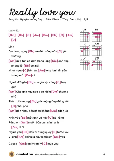 Hợp âm Really love you (Noo Phước Thịnh) – bản nhạc PDF trang 1, tông Dm