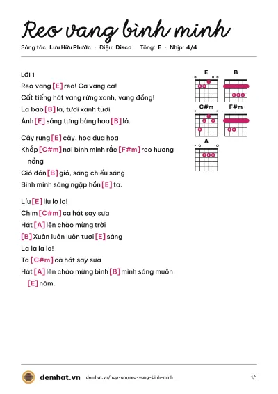 Hợp âm Reo vang bình minh (Tốp ca thiếu nhi) – bản nhạc PDF trang 1, tông E