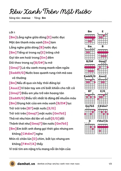Hợp âm Rêu Xanh Trên Mặt Nước (marzuz) – bản nhạc PDF trang 1, tông Bm