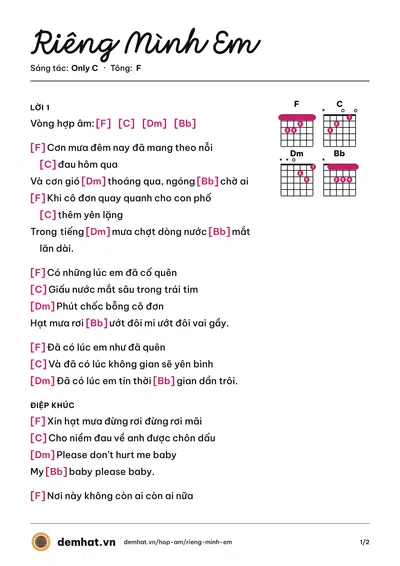 Hợp âm Riêng Mình Em (Miu Lê) – bản nhạc PDF trang 1, tông F