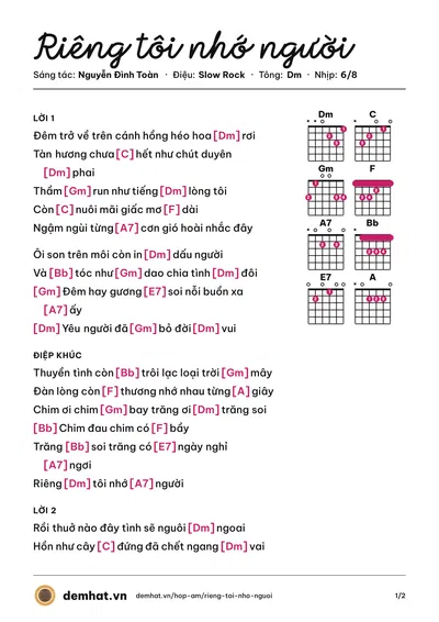 Hợp âm Riêng tôi nhớ người (Nguyễn Đình Toàn) – bản nhạc PDF trang 1, tông Dm
