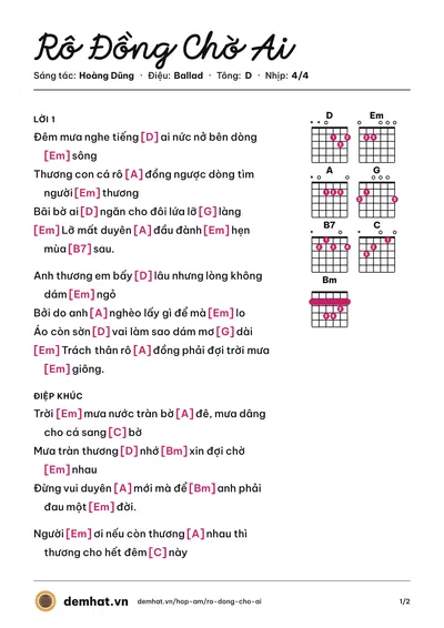 Hợp âm Rô Đồng Chờ Ai (Soon Phạm) – bản nhạc PDF trang 1, tông D