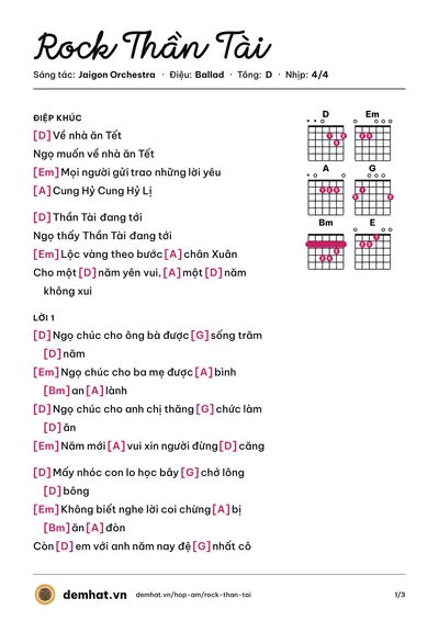 Hợp âm Rock Thần Tài (Jaigon Orchestra) – bản nhạc PDF trang 1, tông D