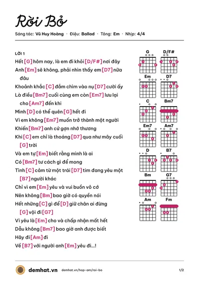 Hợp âm Rời Bỏ (Hòa Minzy) – bản nhạc PDF trang 1, tông Em