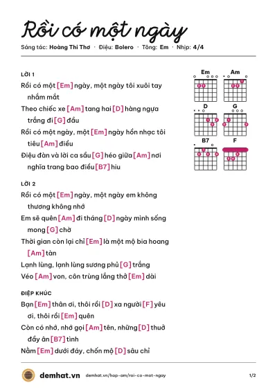Hợp âm Rồi có một ngày (Thái Châu) – bản nhạc PDF trang 1, tông Em