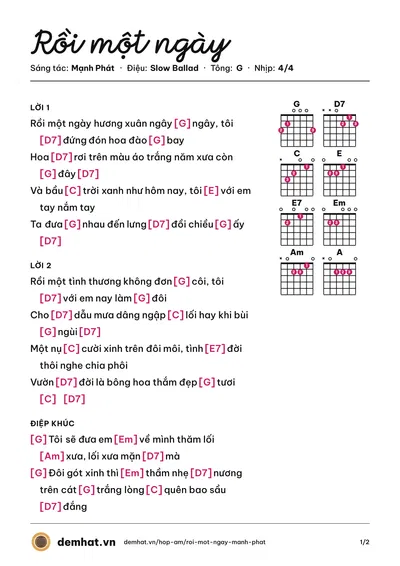 Hợp âm Rồi một ngày (Mạnh Phát) – bản nhạc PDF trang 1, tông G