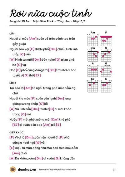 Hợp âm Rơi nửa cuộc tình (Tâm Thư) – bản nhạc PDF trang 1, tông Am