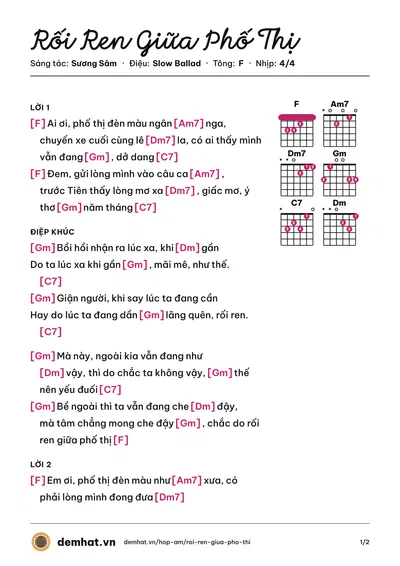Hợp âm Rối Ren Giữa Phố Thị (Sương Sâm) – bản nhạc PDF trang 1, tông F