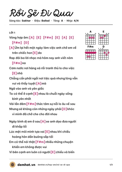 Hợp âm Rồi Sẽ Đi Qua (Sakhar) – bản nhạc PDF trang 1, tông A