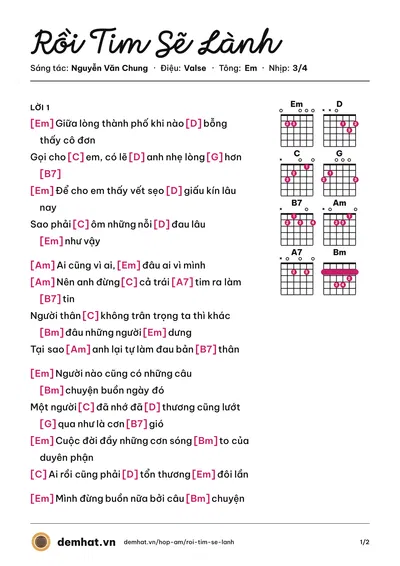 Hợp âm Rồi Tim Sẽ Lành (Nguyễn Duyên Quỳnh) – bản nhạc PDF trang 1, tông Em