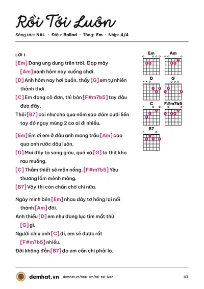 Hợp âm Rồi Tới Luôn (NAL) – bản nhạc PDF trang 1, tông Em