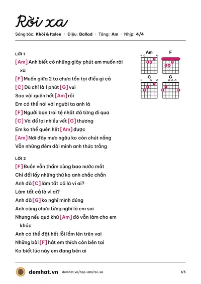 Hợp âm Rời xa (Khói) – bản nhạc PDF trang 1, tông Am