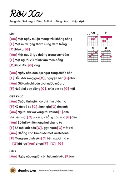 Hợp âm Rời Xa (Sa Long) – bản nhạc PDF trang 1, tông Am