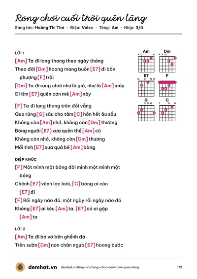 Hợp âm Rong chơi cuối trời quên lãng (Thiên Kim) – bản nhạc PDF trang 1, tông Am