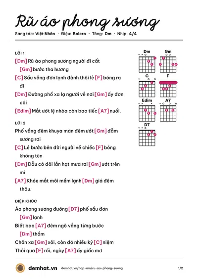 Hợp âm Rũ áo phong sương (Lê Vy) – bản nhạc PDF trang 1, tông Dm