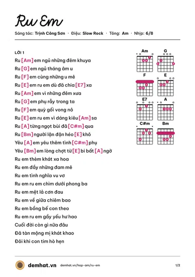 Hợp âm Ru Em (Hồng Nhung) – bản nhạc PDF trang 1, tông Am