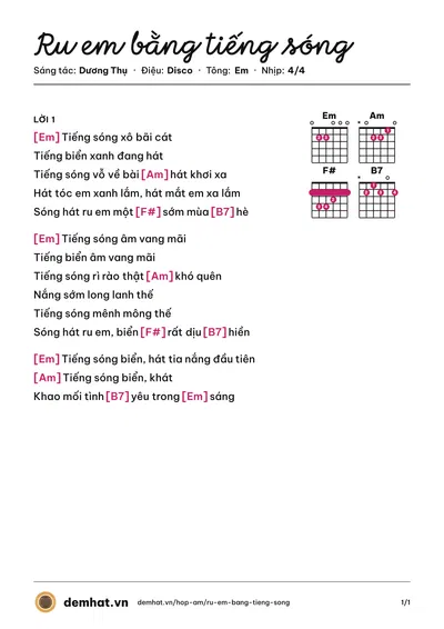 Hợp âm Ru em bằng tiếng sóng (Tuấn Ngọc) – bản nhạc PDF trang 1, tông Em