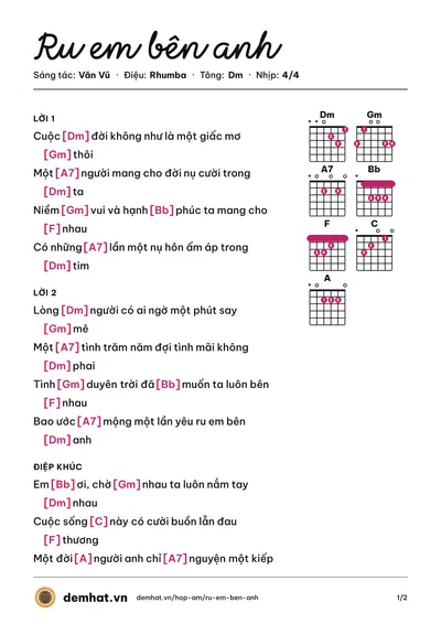 Hợp âm Ru em bên anh (Văn Vũ) – bản nhạc PDF trang 1, tông Dm