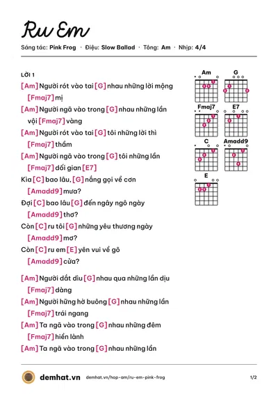 Hợp âm Ru Em (Pink Frog) – bản nhạc PDF trang 1, tông Am