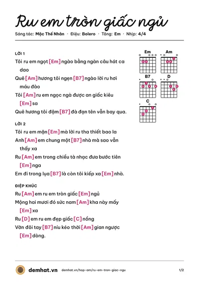 Hợp âm Ru em tròn giấc ngủ (Huy Sinh) – bản nhạc PDF trang 1, tông Em