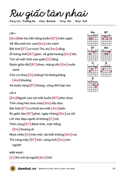 Hợp âm Ru giấc tàn phai (Diệu Hiền) – bản nhạc PDF trang 1, tông Em