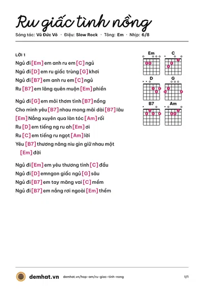 Hợp âm Ru giấc tình nồng (Vũ Đức Võ) – bản nhạc PDF trang 1, tông Em