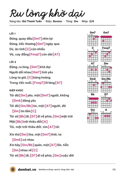 Hợp âm Ru lòng khờ dại (Thanh Hà) – bản nhạc PDF trang 1, tông Dm