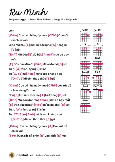 Hợp âm Ru Mình (Ngọt) – bản nhạc PDF trang 1, tông E