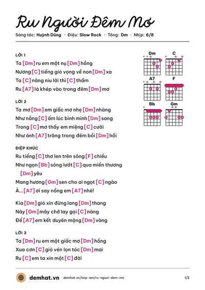 Hợp âm Ru Người Đêm Mơ (Huỳnh Dũng) – bản nhạc PDF trang 1, tông Dm