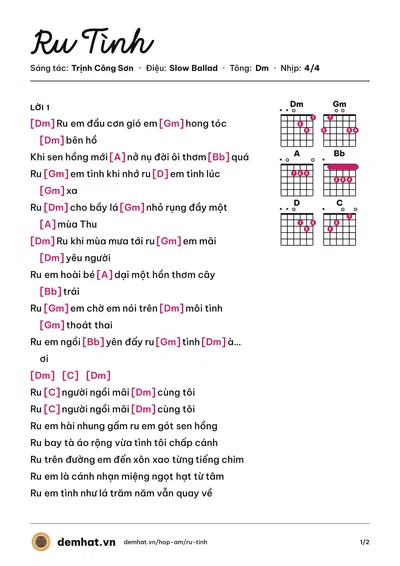 Hợp âm Ru Tình (Tuấn Ngọc) – bản nhạc PDF trang 1, tông Dm