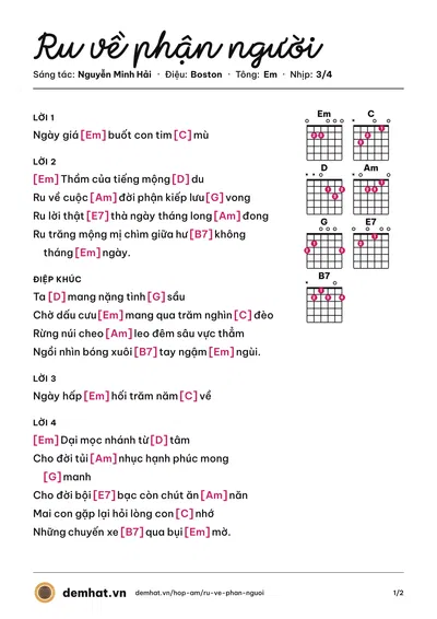 Hợp âm Ru về phận người (Nguyễn Minh Hải) – bản nhạc PDF trang 1, tông Em