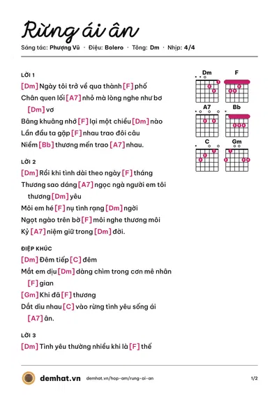 Hợp âm Rừng ái ân (Phượng Vũ) – bản nhạc PDF trang 1, tông Dm