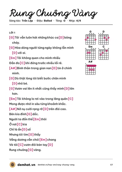Hợp âm Rung Chuông Vàng (Bức Tường) – bản nhạc PDF trang 1, tông G