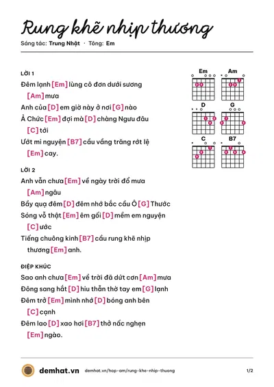 Hợp âm Rung khẽ nhịp thương (Trung Nhật) – bản nhạc PDF trang 1, tông Em