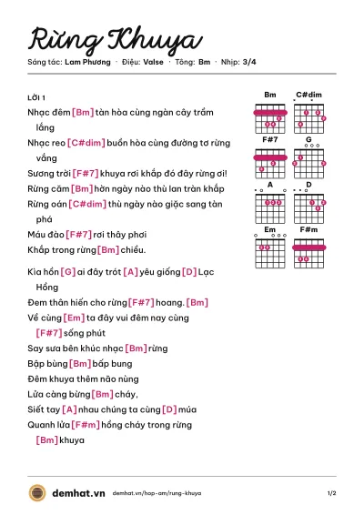Hợp âm Rừng Khuya (Hồng Trúc) – bản nhạc PDF trang 1, tông Bm