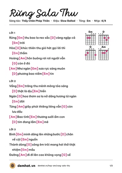 Hợp âm Rừng Sala Thu (Pháp Thiên) – bản nhạc PDF trang 1, tông Em