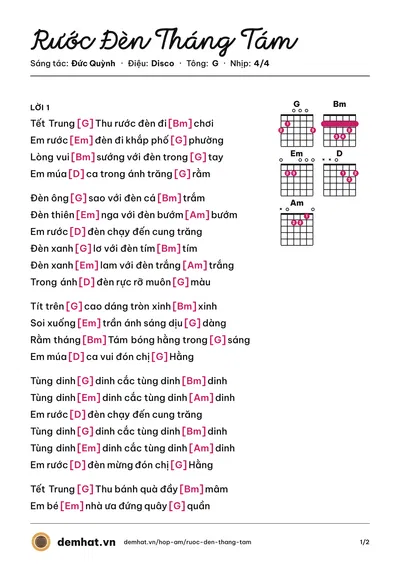 Hợp âm Rước Đèn Tháng Tám (Xuân Mai) – bản nhạc PDF trang 1, tông G