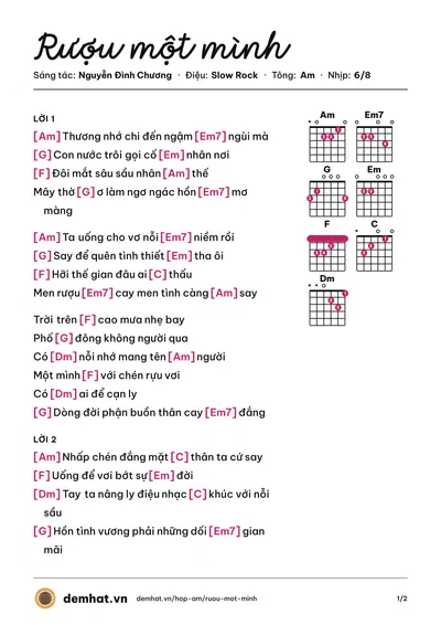 Hợp âm Rượu một mình (Nguyễn Đình Chương) – bản nhạc PDF trang 1, tông Am