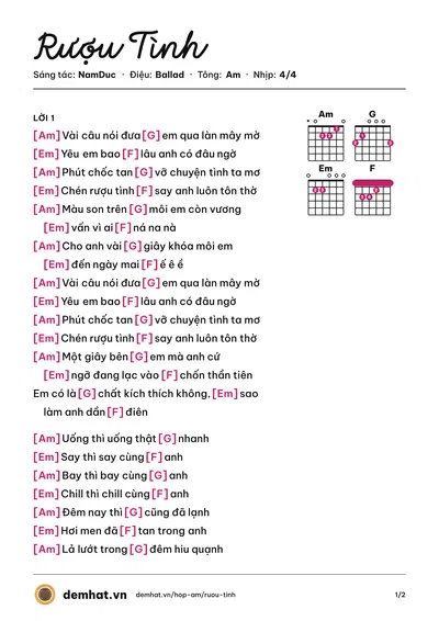 Hợp âm Rượu Tình (NamDuc) – bản nhạc PDF trang 1, tông Am