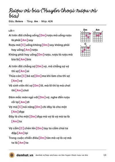 Hợp âm Rượu và bia (Huyền thoại rượu và bia) – bản nhạc PDF trang 1, tông Am