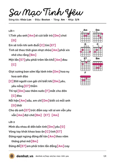 Hợp âm Sa Mạc Tình Yêu (Minh Tuyết) – bản nhạc PDF trang 1, tông Am